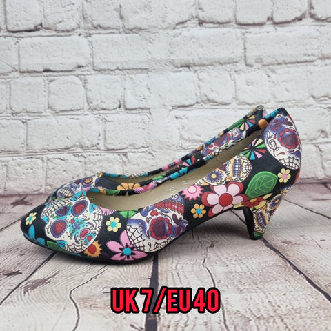 Size 7 READY MADE. Sugar skulls low heels