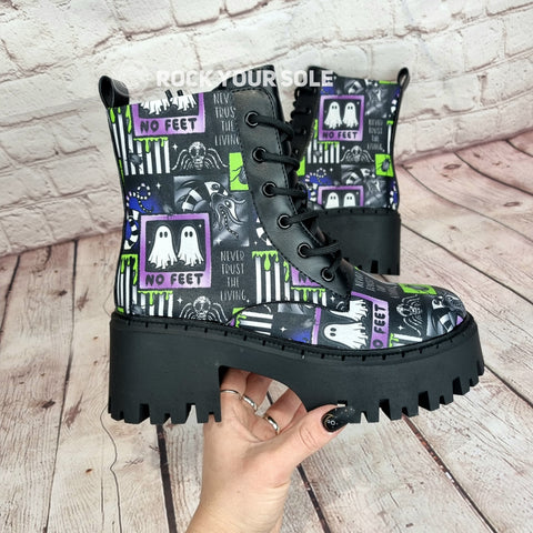 No feet Beetlejuice chunky heel ankle boots