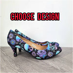 Skulls and blue flowers 3inch mid heels