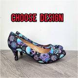 Skulls and blue flowers 3inch mid heels