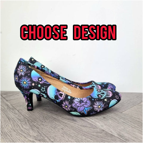 Skulls and blue flowers 3inch mid heels