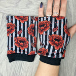 Red Peony stripe fingerless gloves