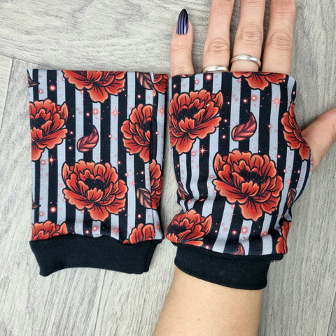 Red Peony stripe fingerless gloves