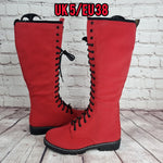 Red Knee high boots. PLAIN. NOT wide calf/foot
